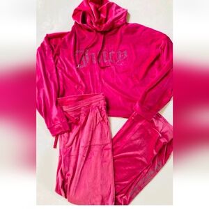 JUICY COUTURE velour 2-pc Lounge set Pants hoodie Rhinestone Logo size L pink